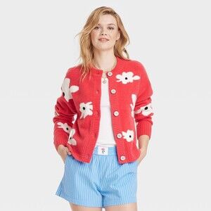 Button-Front Cardigan - Red/White Floral M